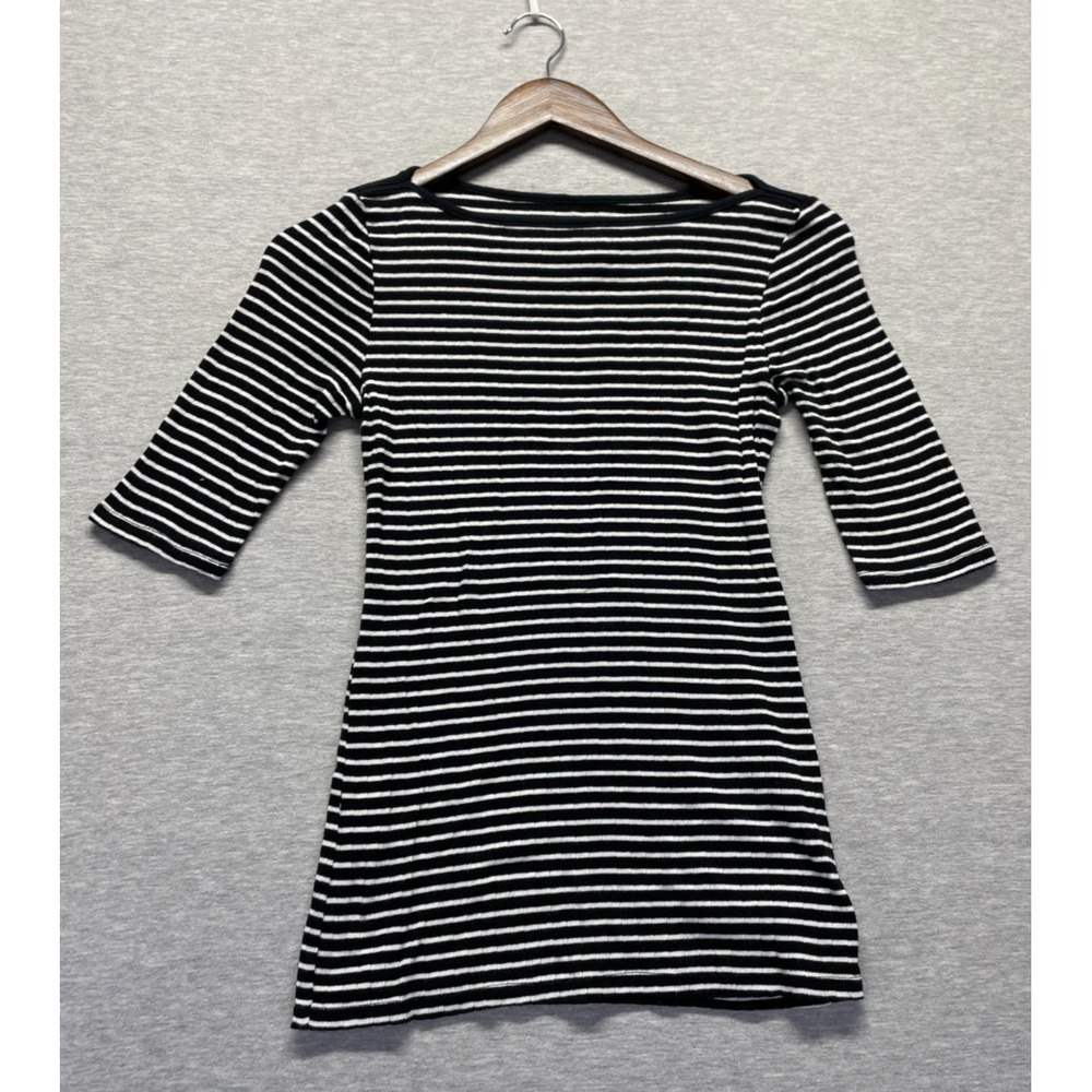 Old Navy Knit Shirt Top Womens S Black White Striped Cotton 3/4 Sleeve Boat Neck